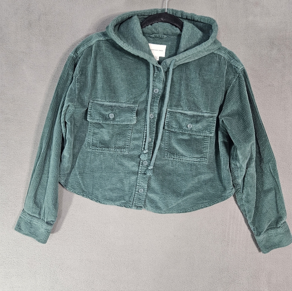 American Eagle Womens Small Corduroy Shacket Button Up Hooded Crop Oversized